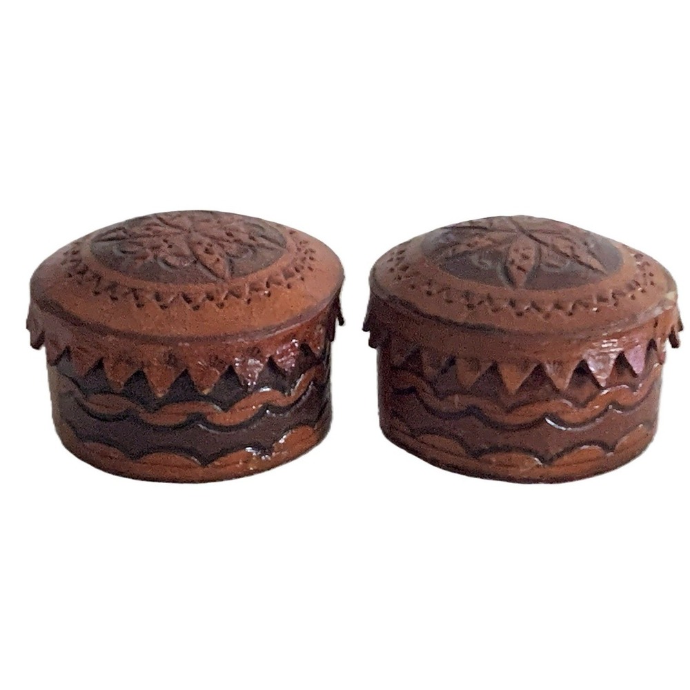 2 Leather Craft Trinket Storage Jewelry Boxes Vintage 1970s Handmade Mexico PAIR